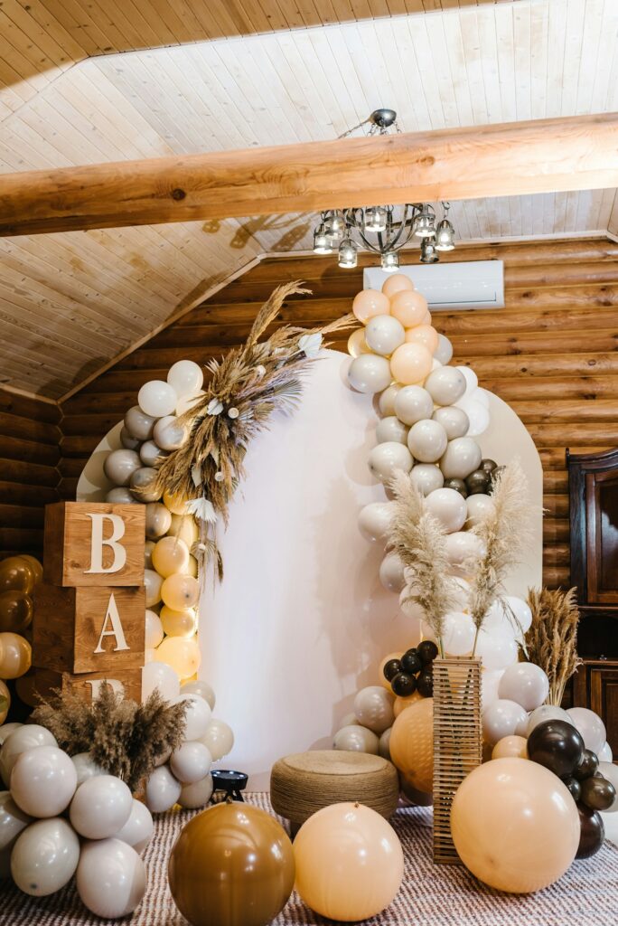 vnvevents: family and comunity image 3-Birthday decorations - balloons, garland and decor for little baby party on a wall background.