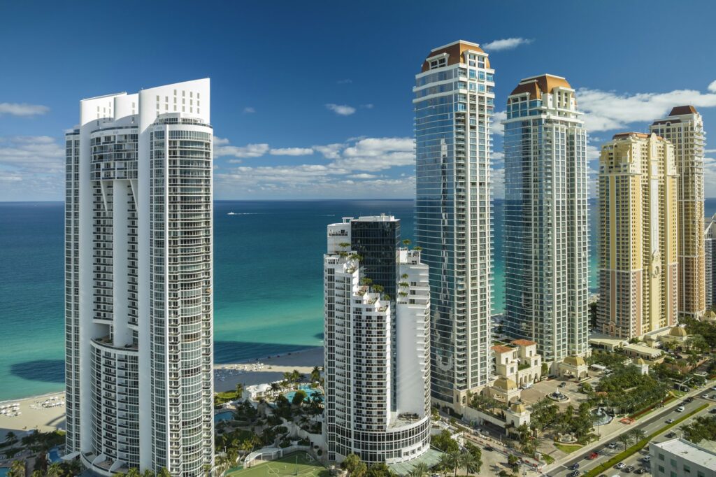 View from above of luxurious highrise hotels and condos on Atlantic ocean shore