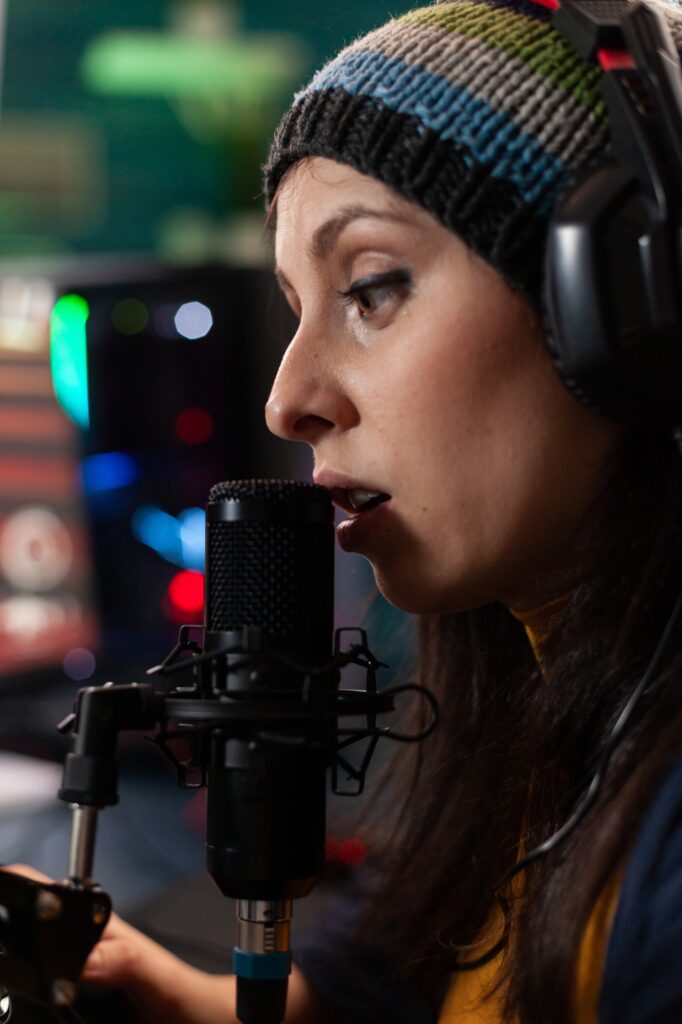 Close up of woman talking to audience on live stream