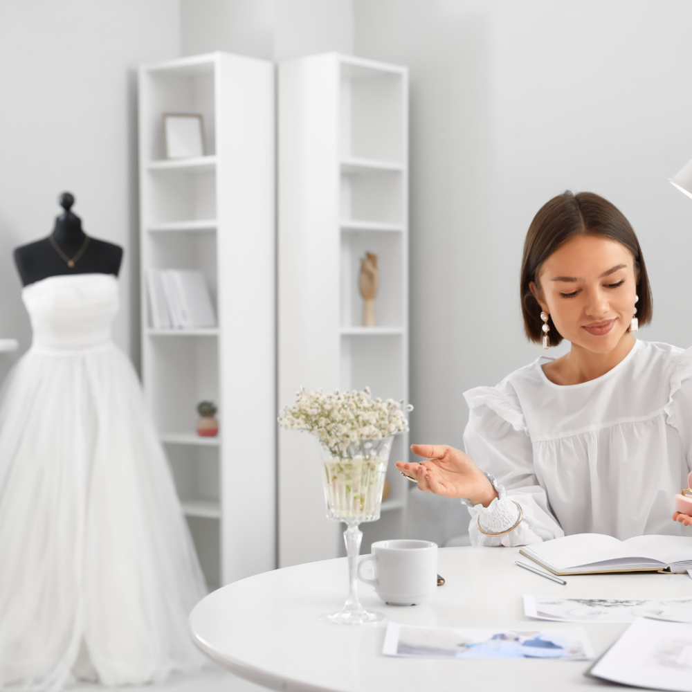 vnv events: Wedding decor ideas in Florida - "young smiling florist showing white floral decor to event manager with clipboard in event hall"-4