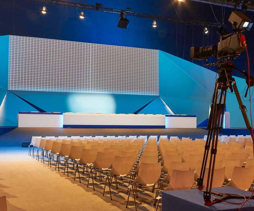 Conference hall. Convention center with podium. Professional meeting. Summit